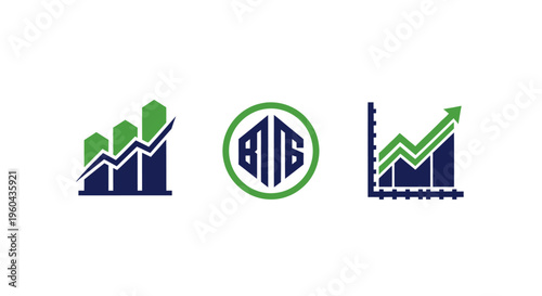 Business Growth Icons: Charts, Graph, and Monogram Logo on White Background