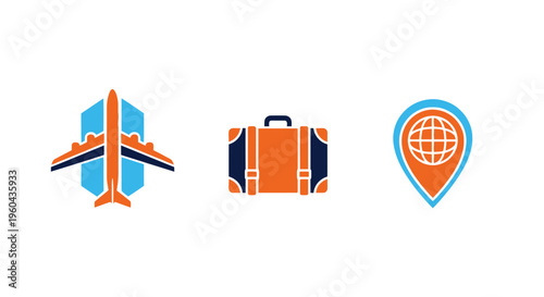 Airplane, Suitcase, Location Pin Icons: Travel, Tourism, Navigation, and Trip Planning