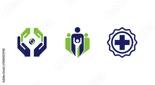 Healthcare icons: hands protecting cross, family, medical badge