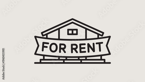 A simple black and white illustration of a house with a for rent sign