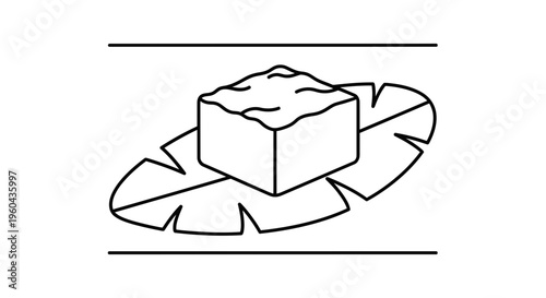 Minimalist Line Art Icon of Tofu Cube on Tropical Leaf