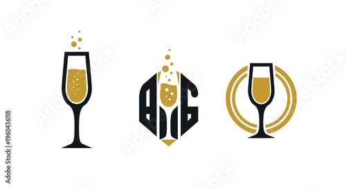 Champagne Glasses and Bubbles Logo Set - Celebration, Luxury, and Toast Icons