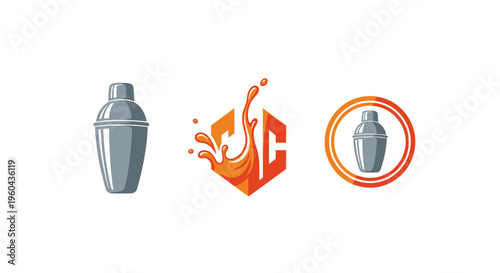Cocktail shaker icons and logo, bar tools, beverage preparation, mixology