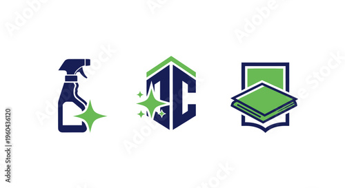Cleaning Service Logo Icons: Spray Bottle, Emblem, Microfiber Cloth