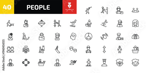 people outline icon set. 40 linear vector for ui, web and mobile. thin line man with big key, man shaving, delivery woman and more icons.