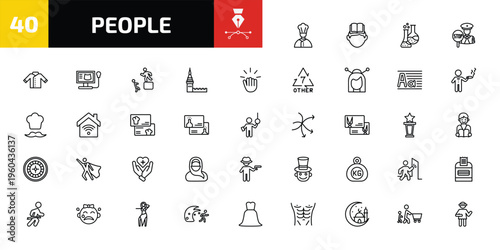 people outline icon set. 40 linear vector for ui, web and mobile. thin line cook, self learning, labaratory and more icons.