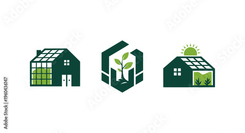 Eco-friendly Building Icons: Greenhouse, Hexagonal Plant Logo, Solar Powered House
