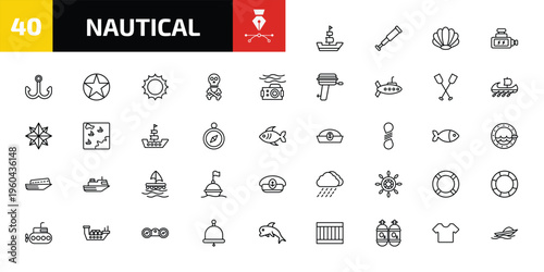 nautical outline icon set. 40 linear vector for ui, web and mobile. thin line classic ship, nautical monocular, big shell and more icons.