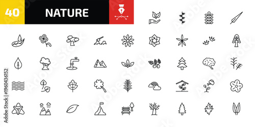 nature outline icon set. 40 linear vector for ui, web and mobile. thin line conservation, larch leaf, american mountain ash and more icons.