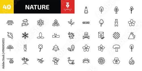 nature outline icon set. 40 linear vector for ui, web and mobile. thin line essence, oak, tree with big foliage and more icons.