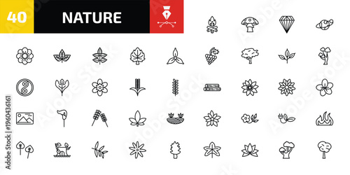 nature outline icon set. 40 linear vector for ui, web and mobile. thin line camping bonfire, mushroom with spots, gemstone and more icons.