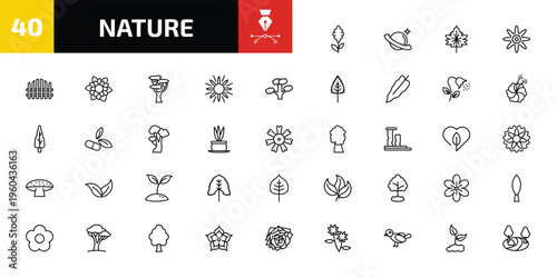 nature outline icon set. 40 linear vector for ui, web and mobile. thin line hyacinth, saturn with his ring, hawthorn leaf and more icons.