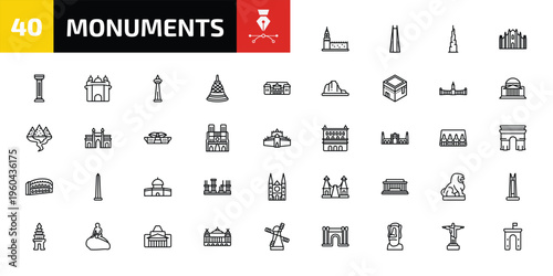 monuments outline icon set. 40 linear vector for ui, web and mobile. thin line russia, the, and more icons.