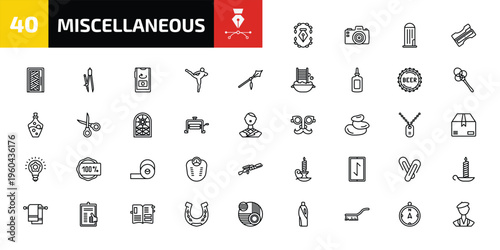 miscellaneous outline icon set. 40 linear vector for ui, web and mobile. thin line will, camera front, granary and more icons.