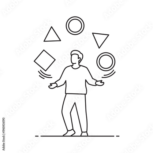 A man juggling various shapes in the air