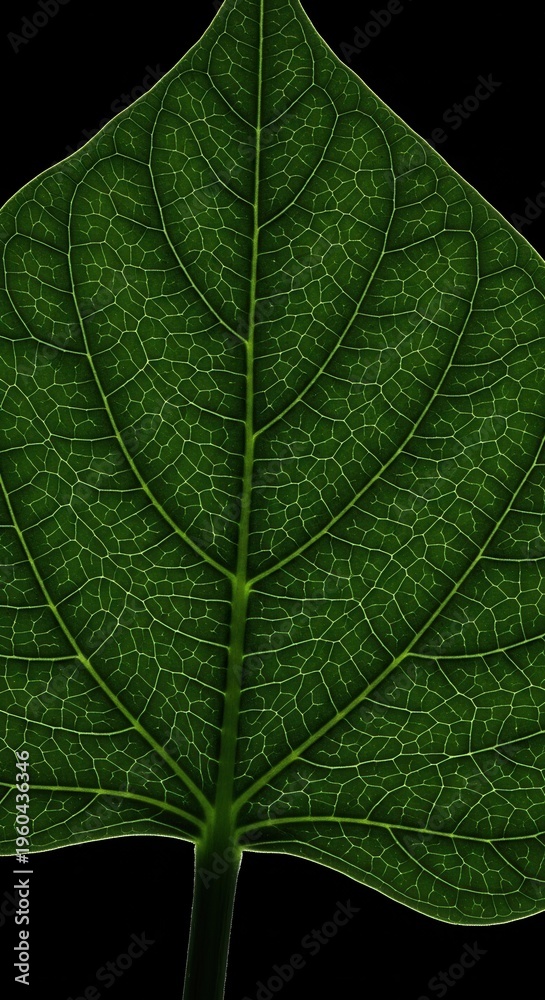 Fototapeta premium Detailed Macro View Of A Vibrant Green Leaf Vein Pattern On Black Background