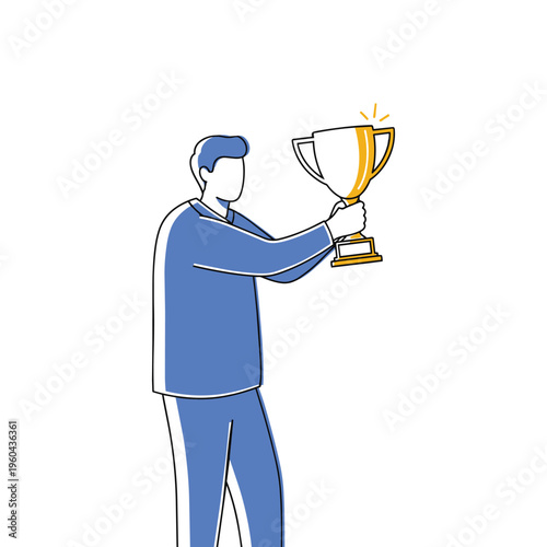 A man proudly holds up a trophy cup