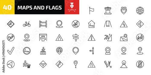 maps and flags outline icon set. 40 linear vector for ui, web and mobile. thin line plain flag, las vegas, reading zone and more icons.