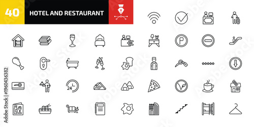 hotel and restaurant outline icon set. 40 linear vector for ui, web and mobile. thin line free wifi, check in, reception and more icons.