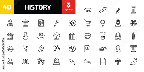 history outline icon set. 40 linear vector for ui, web and mobile. thin line wheelbarrow, arrow, sword and more icons.