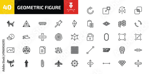 geometric figure outline icon set. 40 linear vector for ui, web and mobile. thin line redo, insert, mirror horizontally and more icons.