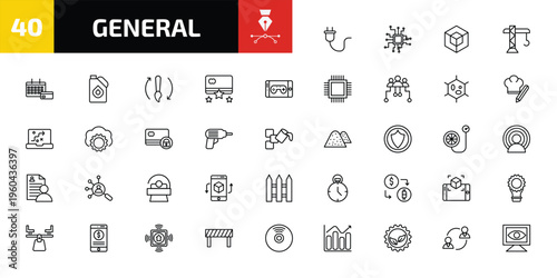 general outline icon set. 40 linear vector for ui, web and mobile. thin line electric plug, information technology, 3d modeling and more icons.