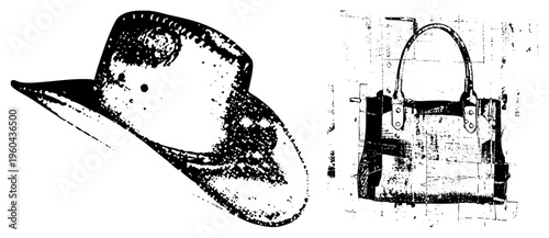 Hand drawn cowboy hat with wide brim and leather tote bag with handles, rustic ink sketch style, fashion accessories, western wear, vintage illustration.