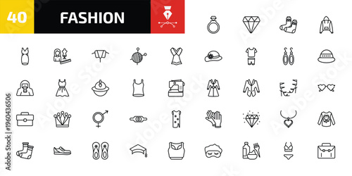 fashion outline icon set. 40 linear vector for ui, web and mobile. thin line fiance, diamond, pair of socks and more icons.