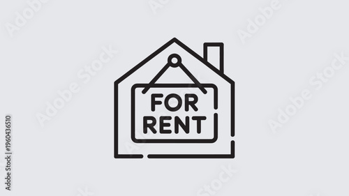 A simple black and white icon of a house with a for rent sign hanging from the roof.