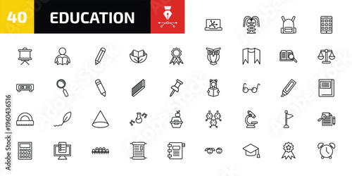 education outline icon set. 40 linear vector for ui, web and mobile. thin line science in a laptop, fountain, school bag and more icons.