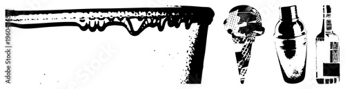 Black and white halftone bar elements including counter edge, waffle cone, cocktail shaker, and liquor bottle, stylized vector graphics for design use.