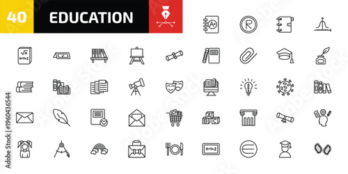education outline icon set. 40 linear vector for ui, web and mobile. thin line clipboard with a+, registered, school agenda and more icons.