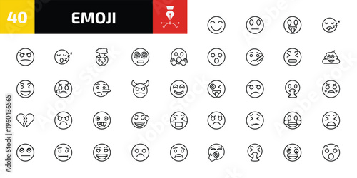 emoji outline icon set. 40 linear vector for ui, web and mobile. thin line grinning emoji, suspicious emoji, tongue and more icons.