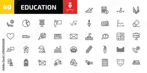 education outline icon set. 40 linear vector for ui, web and mobile. thin line robin hood, calculator and dollar, halfway and more icons.