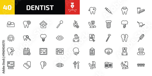 dentist outline icon set. 40 linear vector for ui, web and mobile. thin line shiny tooth, empty syringe, dental filling and more icons.