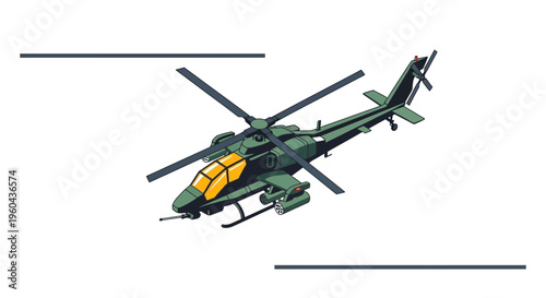 Military Attack Helicopter in Flight - Green Chopper with Rotor Blades and Weapons