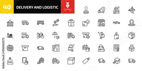 delivery and logistic outline icon set. 40 linear vector for ui, web and mobile. thin line pisco sour, mind eraser drink, factory and more icons.