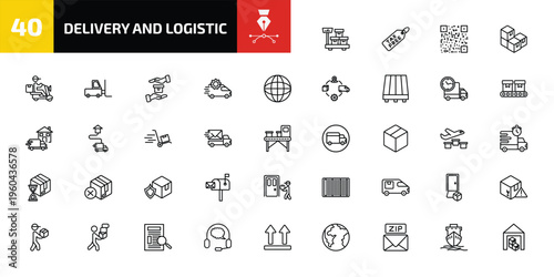 delivery and logistic outline icon set. 40 linear vector for ui, web and mobile. thin line delivery weighing, tax free, bar code and more icons.