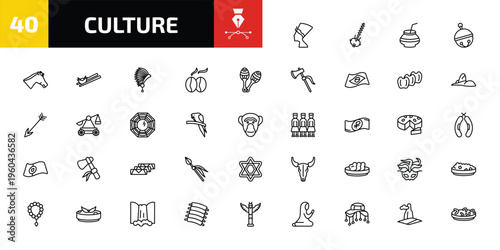 culture outline icon set. 40 linear vector for ui, web and mobile. thin line nefertiti, kora, kalabas and more icons.