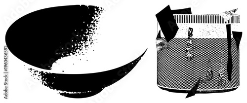 Bold ink brushstroke with splatter effect, paired with mesh cylindrical vessel, graphic art, vector design, halftone texture, isolated elements.