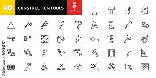 construction tools outline icon set. 40 linear vector for ui, web and mobile. thin line bolster, brick hammer, clipper and more icons.