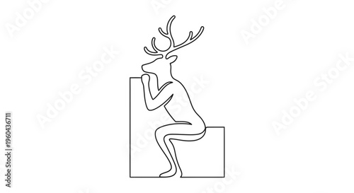 Minimalist Deer Sitting on Cube, One Line Drawing, Abstract Animal Art