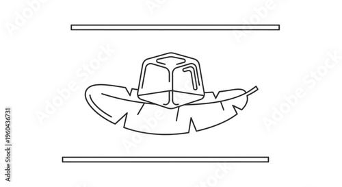 Minimalist Ice Cube on Tropical Leaf Line Art Icon