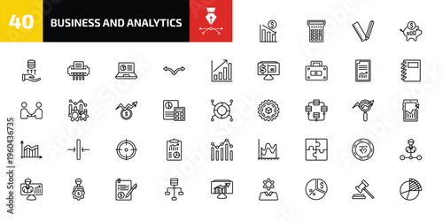 business and analytics outline icon set. 40 linear vector for ui, web and mobile. thin line deficit, calculator maths tool, maths tool and more icons.