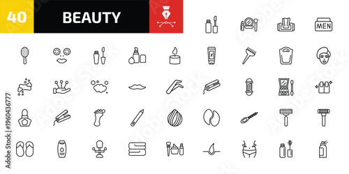 beauty outline icon set. 40 linear vector for ui, web and mobile. thin line lip gloss, make up, wet wipes and more icons.