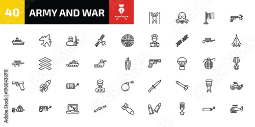 army and war outline icon set. 40 linear vector for ui, web and mobile. thin line pull up, gas mask, patriot and more icons.