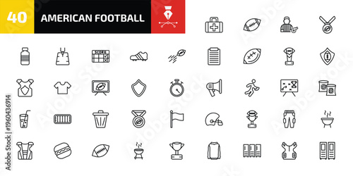 american football outline icon set. 40 linear vector for ui, web and mobile. thin line first aid kit, american football ball, referee and more icons.
