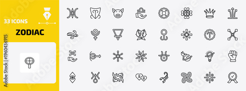 zodiac outline icon set. 33 linear vector for ui, web and mobile. thin line still, devotion, good luck and more icons.