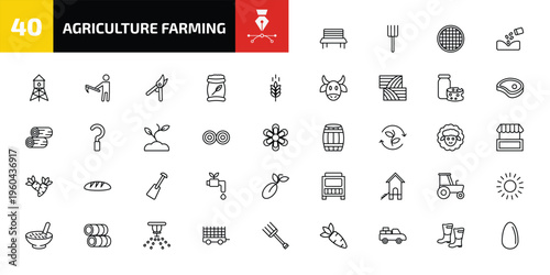 agriculture farming outline icon set. 40 linear vector for ui, web and mobile. thin line garden bench, pitchfork, riddle tool and more icons.
