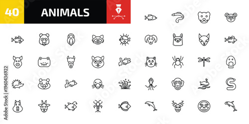 animals outline icon set. 40 linear vector for ui, web and mobile. thin line piranha, moray, mink and more icons.